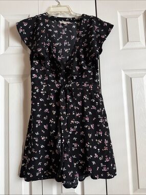 Black Floral Tie-Front Kids Dress with Ruffle Trim